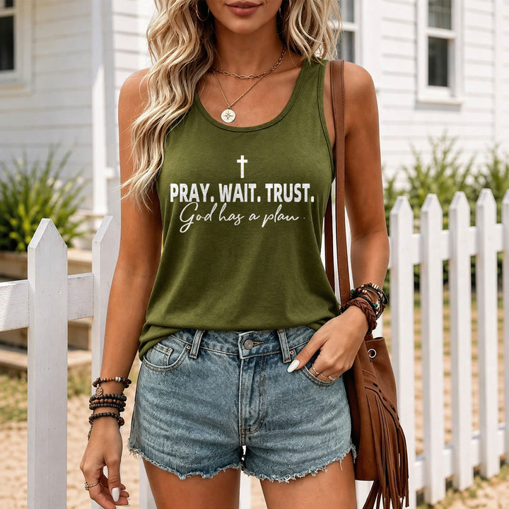 Christianartworkshop Cross PRAY WAIT TRUST Bold Block Font Cursive Subline God Has A Plan Racerback Tank Top - image 15
