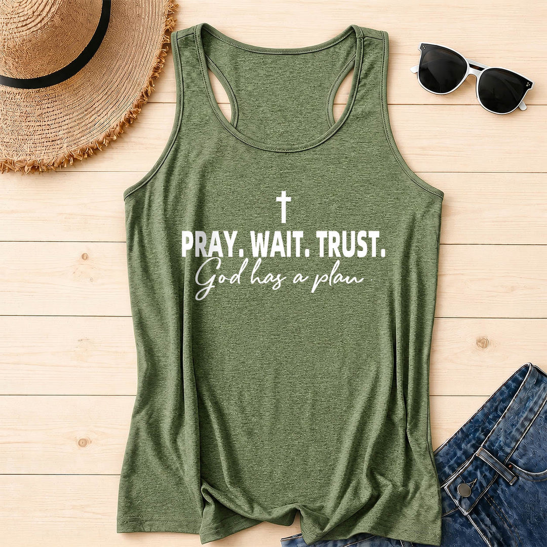 Christianartworkshop Cross PRAY WAIT TRUST Bold Block Font Cursive Subline God Has A Plan Racerback Tank Top - Olive Green - 2XL - image 16
