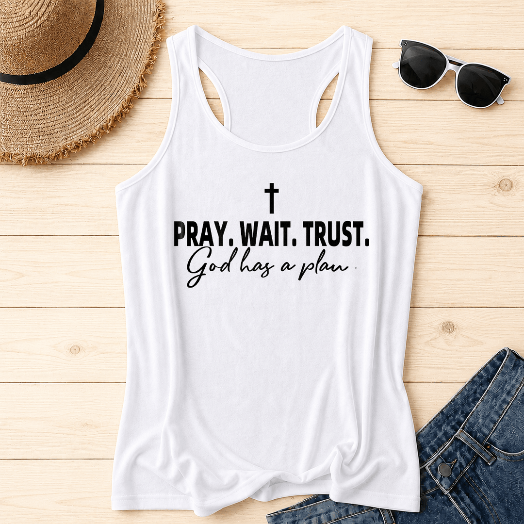 Christianartworkshop Cross PRAY WAIT TRUST Bold Block Font Cursive Subline God Has A Plan Racerback Tank Top - White - 2XL - image 8