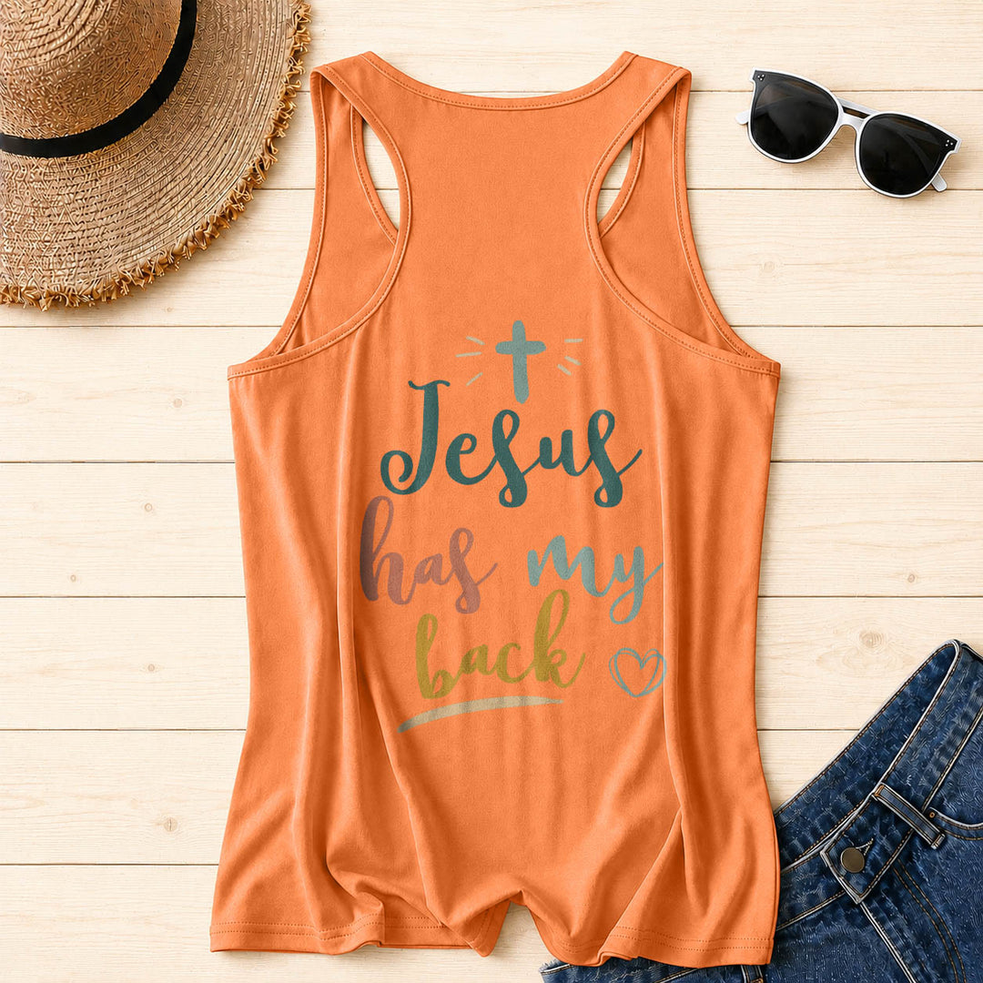 Christianartworkshop Dual Side Print Jesus Has My Back Multi-Tone Cursive Text Sun Accent Cross Heart Graphic Racerback Tank Top - image 33