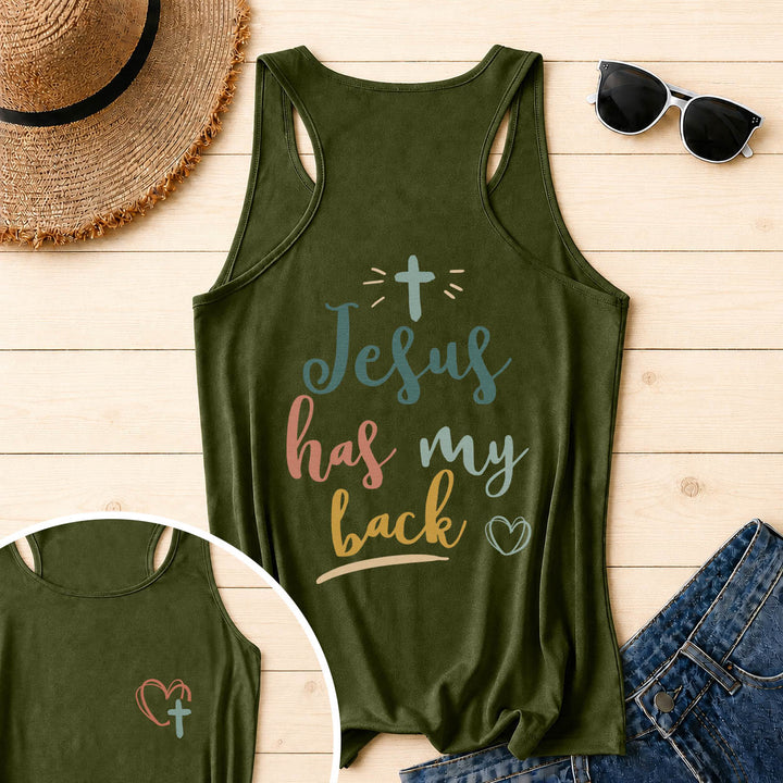 Christianartworkshop Dual Side Print Jesus Has My Back Multi-Tone Cursive Text Sun Accent Cross Heart Graphic Racerback Tank Top - Army Green - 2XL - image 35