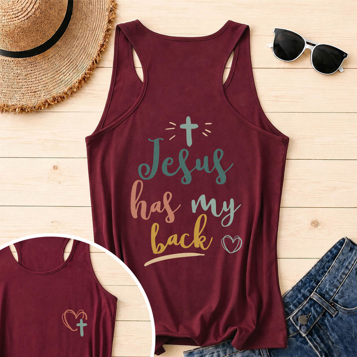 Christianartworkshop Dual Side Print Jesus Has My Back Multi-Tone Cursive Text Sun Accent Cross Heart Graphic Racerback Tank Top - Wine - 2XL - image 10