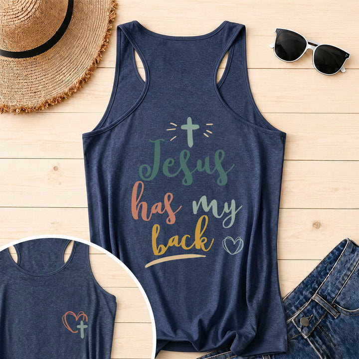 Christianartworkshop Dual Side Print Jesus Has My Back Multi-Tone Cursive Text Sun Accent Cross Heart Graphic Racerback Tank Top - Navy Blue - 2XL - image 15