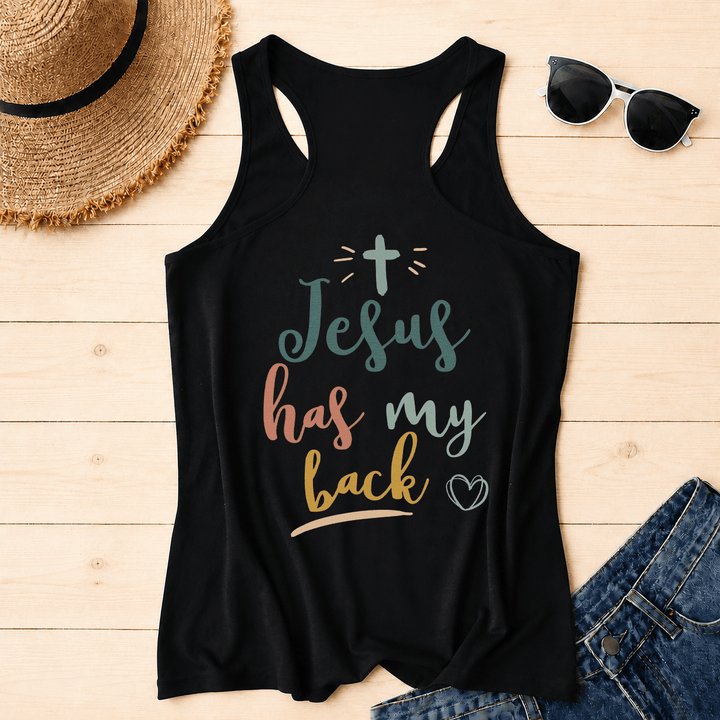 Christianartworkshop Dual Side Print Jesus Has My Back Multi-Tone Cursive Text Sun Accent Cross Heart Graphic Racerback Tank Top - image 8
