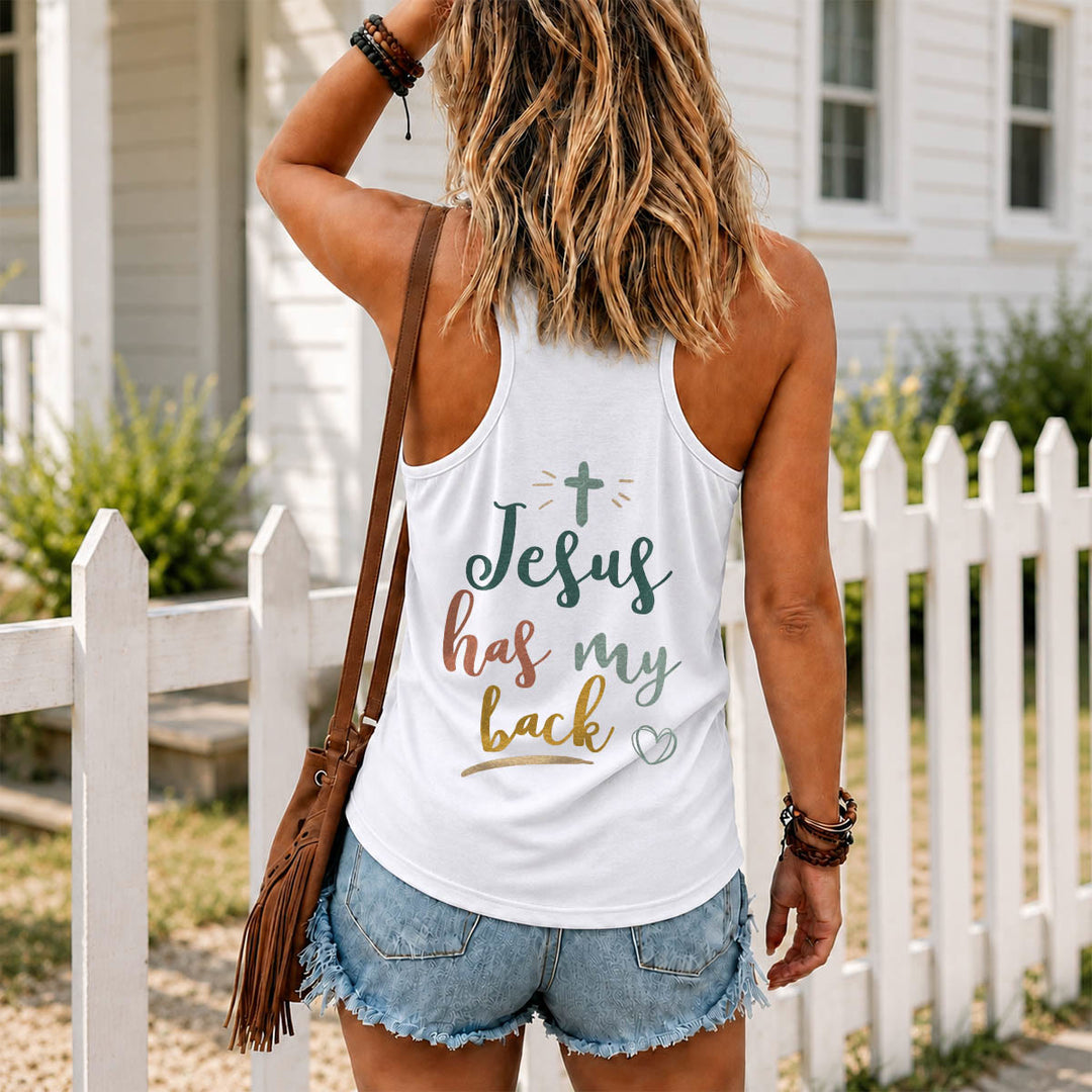 Christianartworkshop Dual Side Print Jesus Has My Back Multi-Tone Cursive Text Sun Accent Cross Heart Graphic Racerback Tank Top - image 4
