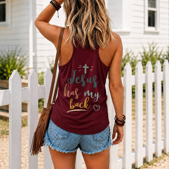 Christianartworkshop Dual Side Print Jesus Has My Back Multi-Tone Cursive Text Sun Accent Cross Heart Graphic Racerback Tank Top - image 14
