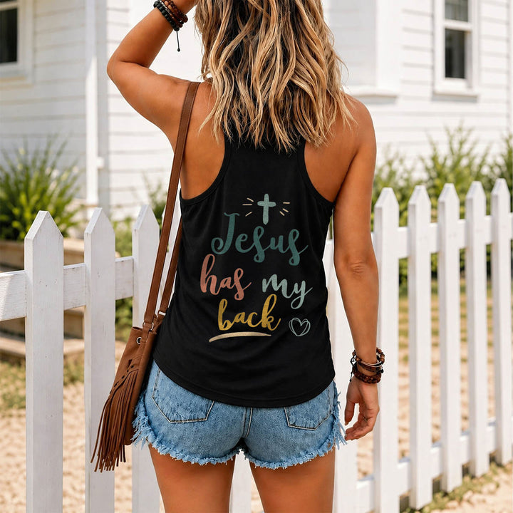 Christianartworkshop Dual Side Print Jesus Has My Back Multi-Tone Cursive Text Sun Accent Cross Heart Graphic Racerback Tank Top - image 9
