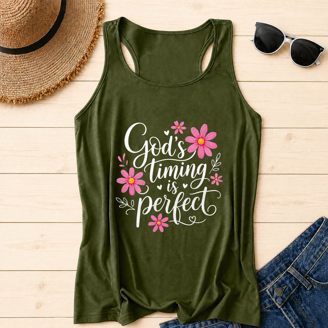 Christianartworkshop God's Timing Is Perfect Elegant Flowing Cursive Daisy Floral Heart Leaf Accent Racerback Tank Top - Army Green - 2XL - image 14