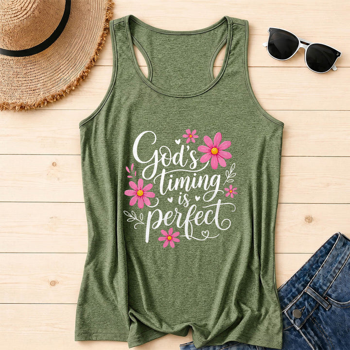 Christianartworkshop God's Timing Is Perfect Elegant Flowing Cursive Daisy Floral Heart Leaf Accent Racerback Tank Top - Olive Green - 2XL - image 16
