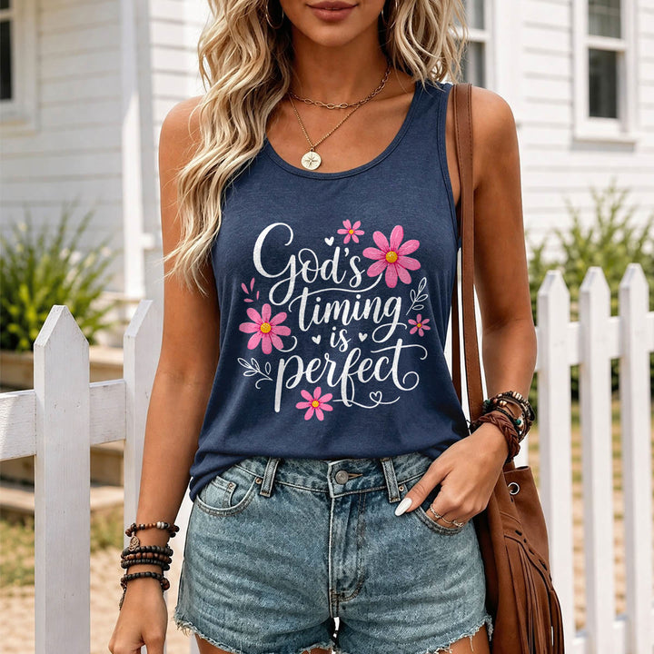 Christianartworkshop God's Timing Is Perfect Elegant Flowing Cursive Daisy Floral Heart Leaf Accent Racerback Tank Top - image 7