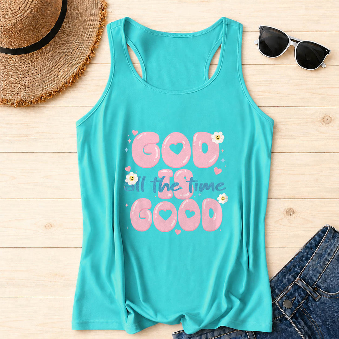 Christianartworkshop God Is Good All The Time Bubble Heart Lettering Smiley Daisy Star Heart Accent Front Print Racerback Tank Top - Mint - 2XL - image 12