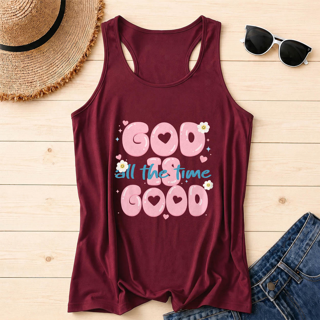 Christianartworkshop God Is Good All The Time Bubble Heart Lettering Smiley Daisy Star Heart Accent Front Print Racerback Tank Top - Wine - 2XL - image 2