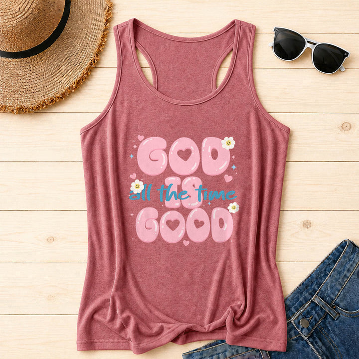 Christianartworkshop God Is Good All The Time Bubble Heart Lettering Smiley Daisy Star Heart Accent Front Print Racerback Tank Top - Pink - 2XL - image 18