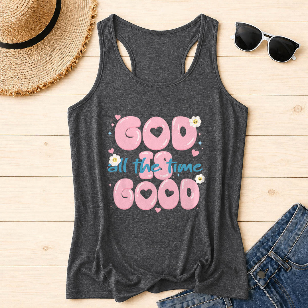 Christianartworkshop God Is Good All The Time Bubble Heart Lettering Smiley Daisy Star Heart Accent Front Print Racerback Tank Top - Grey - 2XL - image 10