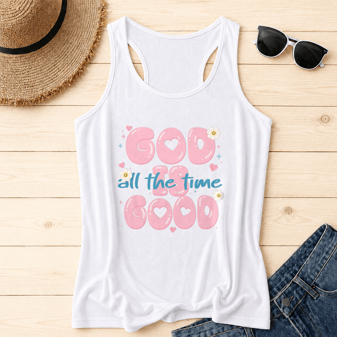 Christianartworkshop God Is Good All The Time Bubble Heart Lettering Smiley Daisy Star Heart Accent Front Print Racerback Tank Top - White - 2XL - image 4
