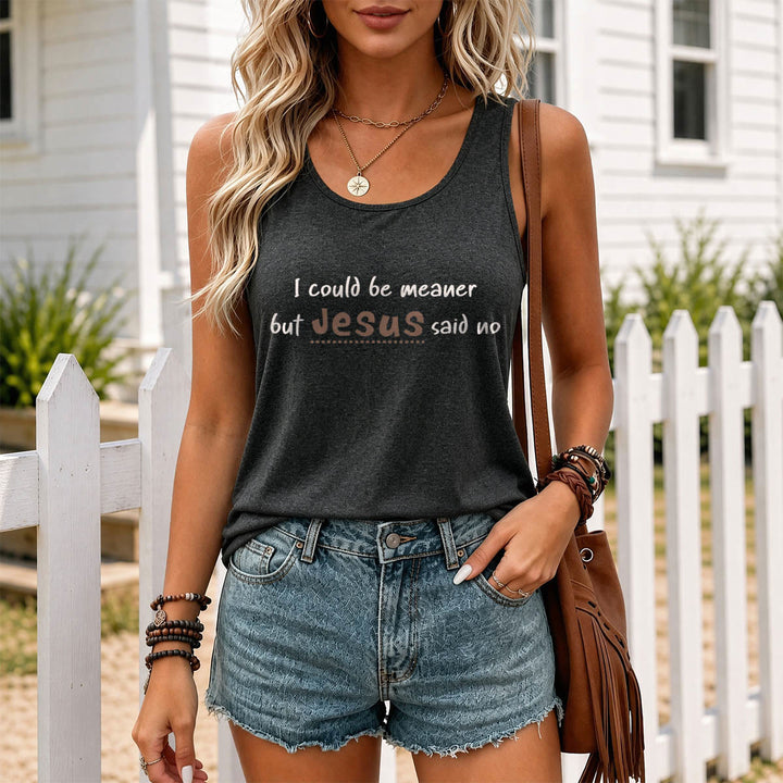 Christianartworkshop I Could Be Meaner But Jesus Said No Contrast Front Print Racerback Tank Top - image 13
