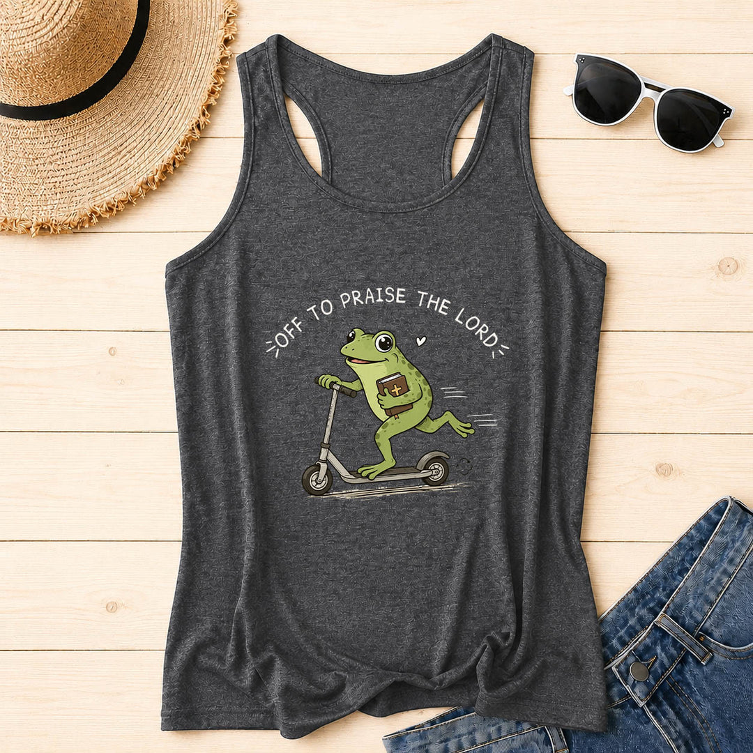 Christianartworkshop Off To Praise The Lord Arch Curved Text Cute Frog Riding Scooter Holding Bible Heart Cartoon Racerback Tank Top - Grey - 2XL - image 16