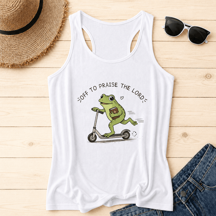 Christianartworkshop Off To Praise The Lord Arch Curved Text Cute Frog Riding Scooter Holding Bible Heart Cartoon Racerback Tank Top - White - 2XL - image 10