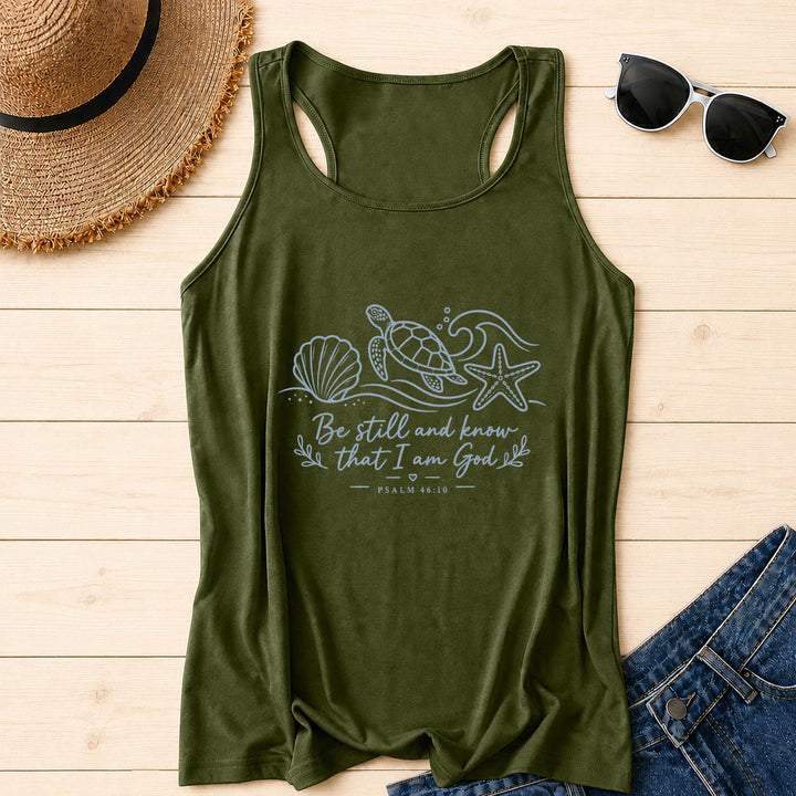 Christianartworkshop Be Still And Know That I Am God Psalm 46:10 Ocean Turtle Seashell Starfish Wave Racerback Tank Top - Army Green - 2XL - image 6