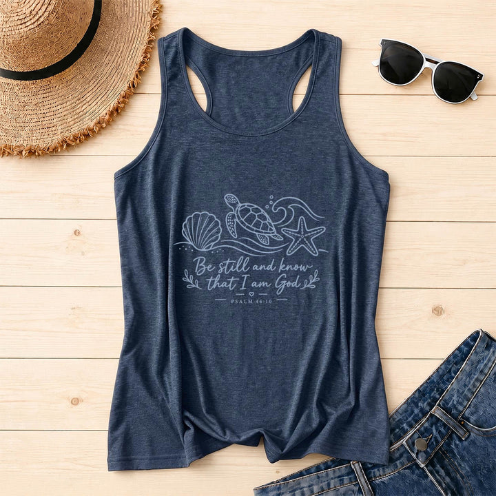 Christianartworkshop Be Still And Know That I Am God Psalm 46:10 Ocean Turtle Seashell Starfish Wave Racerback Tank Top - Navy Blue - 2XL - image 16