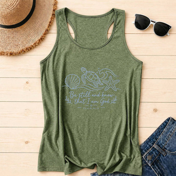 Christianartworkshop Be Still And Know That I Am God Psalm 46:10 Ocean Turtle Seashell Starfish Wave Racerback Tank Top - Olive Green - 2XL - image 4