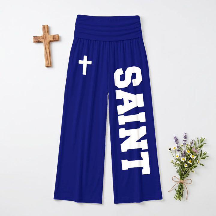 Christianartworkshop All Over Print Vertical Varsity SAINT Letter White Cross Fold Over High Waist Wide Leg Pants - Blue - US22,UK/AU26,EU54(6XL) - image 15