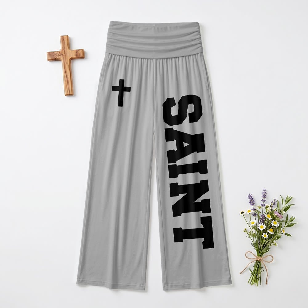 Christianartworkshop All Over Print Vertical Varsity SAINT Letter White Cross Fold Over High Waist Wide Leg Pants - Grey - US22,UK/AU26,EU54(6XL) - image 9