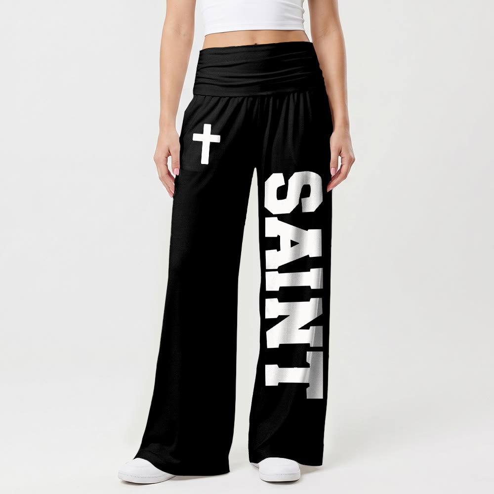 Christianartworkshop All Over Print Vertical Varsity SAINT Letter White Cross Fold Over High Waist Wide Leg Pants - image 4