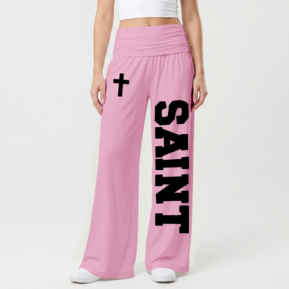 Christianartworkshop All Over Print Vertical Varsity SAINT Letter White Cross Fold Over High Waist Wide Leg Pants - image 13