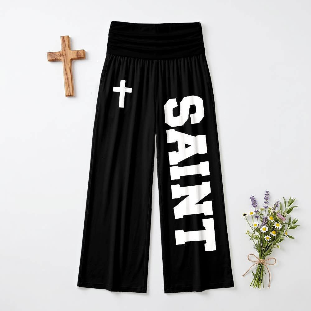 Christianartworkshop All Over Print Vertical Varsity SAINT Letter White Cross Fold Over High Waist Wide Leg Pants - Black - US22,UK/AU26,EU54(6XL) - image 3