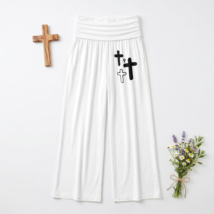 Christianartworkshop Minimal Multi Cross Graphic Front Hip Print Fold Over High Waist Wide Leg Pants - White - US22,UK/AU26,EU54(6XL) - image 0