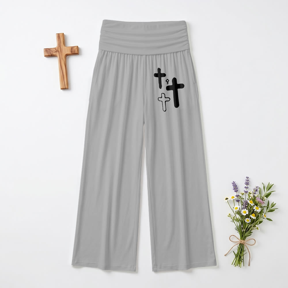 Christianartworkshop Minimal Multi Cross Graphic Front Hip Print Fold Over High Waist Wide Leg Pants - Grey - US22,UK/AU26,EU54(6XL) - image 6