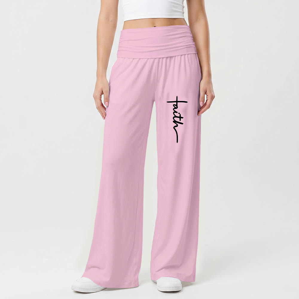 Christianartworkshop Vertical Cursive Faith Handwriting Print Fold Over High Waist Wide Leg Pants - image 10