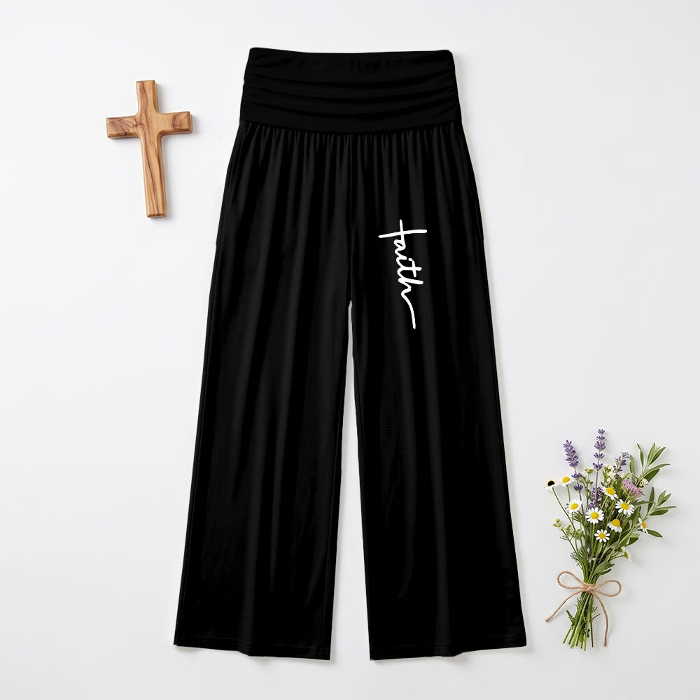 Christianartworkshop Vertical Cursive Faith Handwriting Print Fold Over High Waist Wide Leg Pants - Black - US22,UK/AU26,EU54(6XL) - image 0