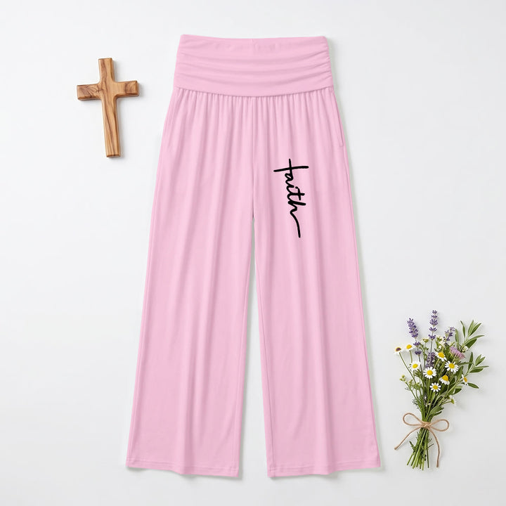 Christianartworkshop Vertical Cursive Faith Handwriting Print Fold Over High Waist Wide Leg Pants - Pink - US22,UK/AU26,EU54(6XL) - image 9