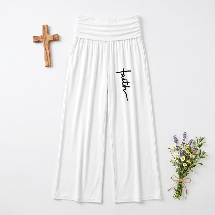 Christianartworkshop Vertical Cursive Faith Handwriting Print Fold Over High Waist Wide Leg Pants - White - US22,UK/AU26,EU54(6XL) - image 3