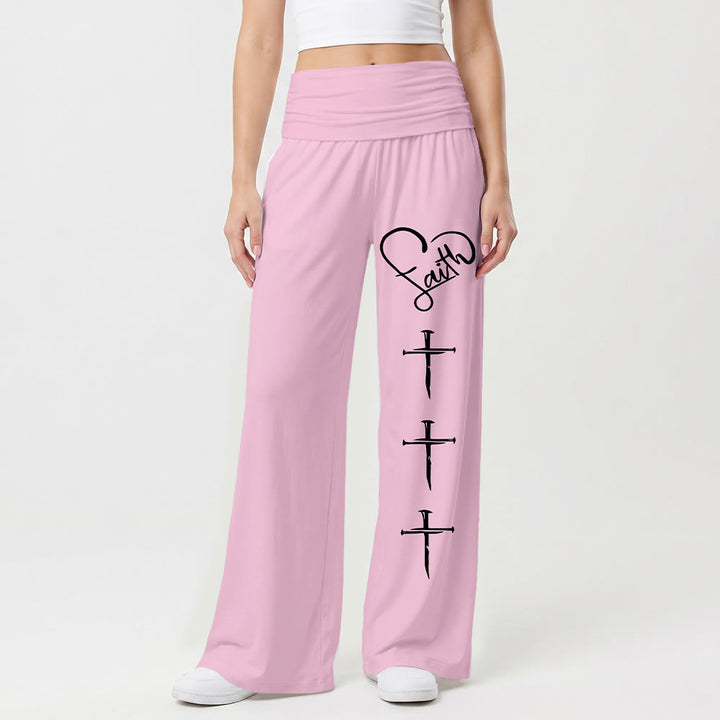 Christianartworkshop Heart Outline Faith Cursive Three Vertical Nail Cross Print Wide Leg Pants - image 4