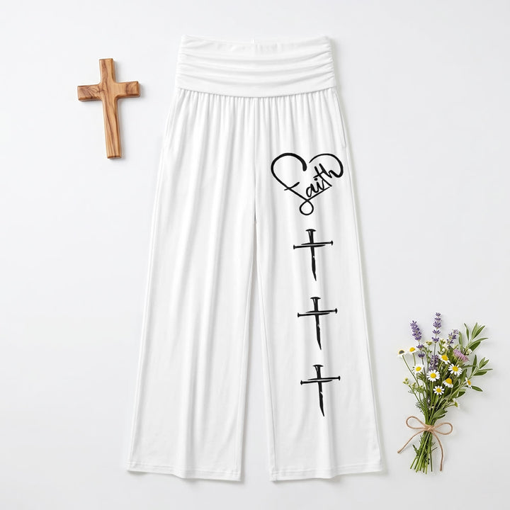 Christianartworkshop Heart Outline Faith Cursive Three Vertical Nail Cross Print Wide Leg Pants - White - US22,UK/AU26,EU54(6XL) - image 9