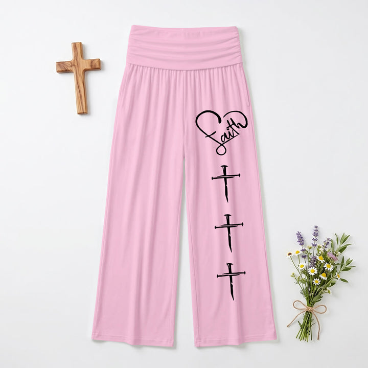Christianartworkshop Heart Outline Faith Cursive Three Vertical Nail Cross Print Wide Leg Pants - Pink - US22,UK/AU26,EU54(6XL) - image 3