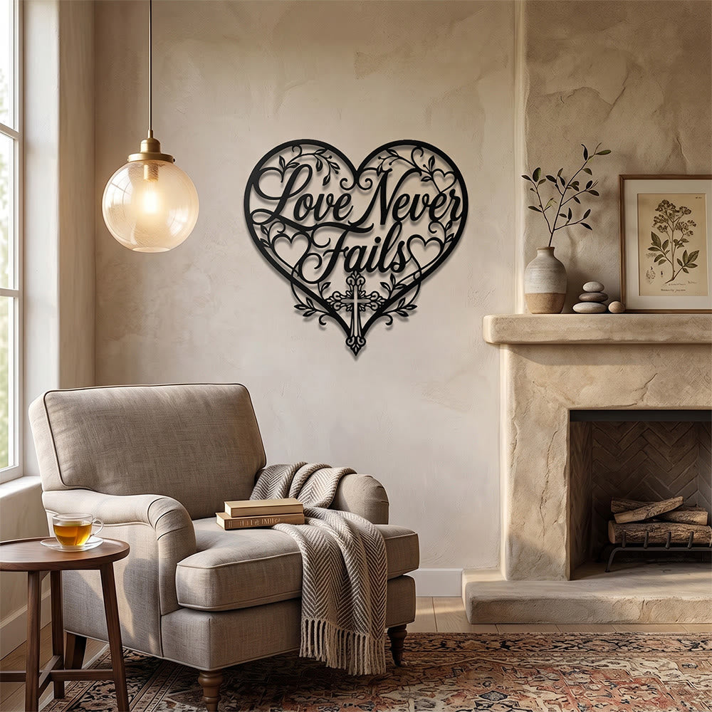 Christianartworkshop Floral Heart Cursive Love Never Fails Cross Metal Wall Decor: Timeless Emblem of Sacred Redemptive Grace - image 1