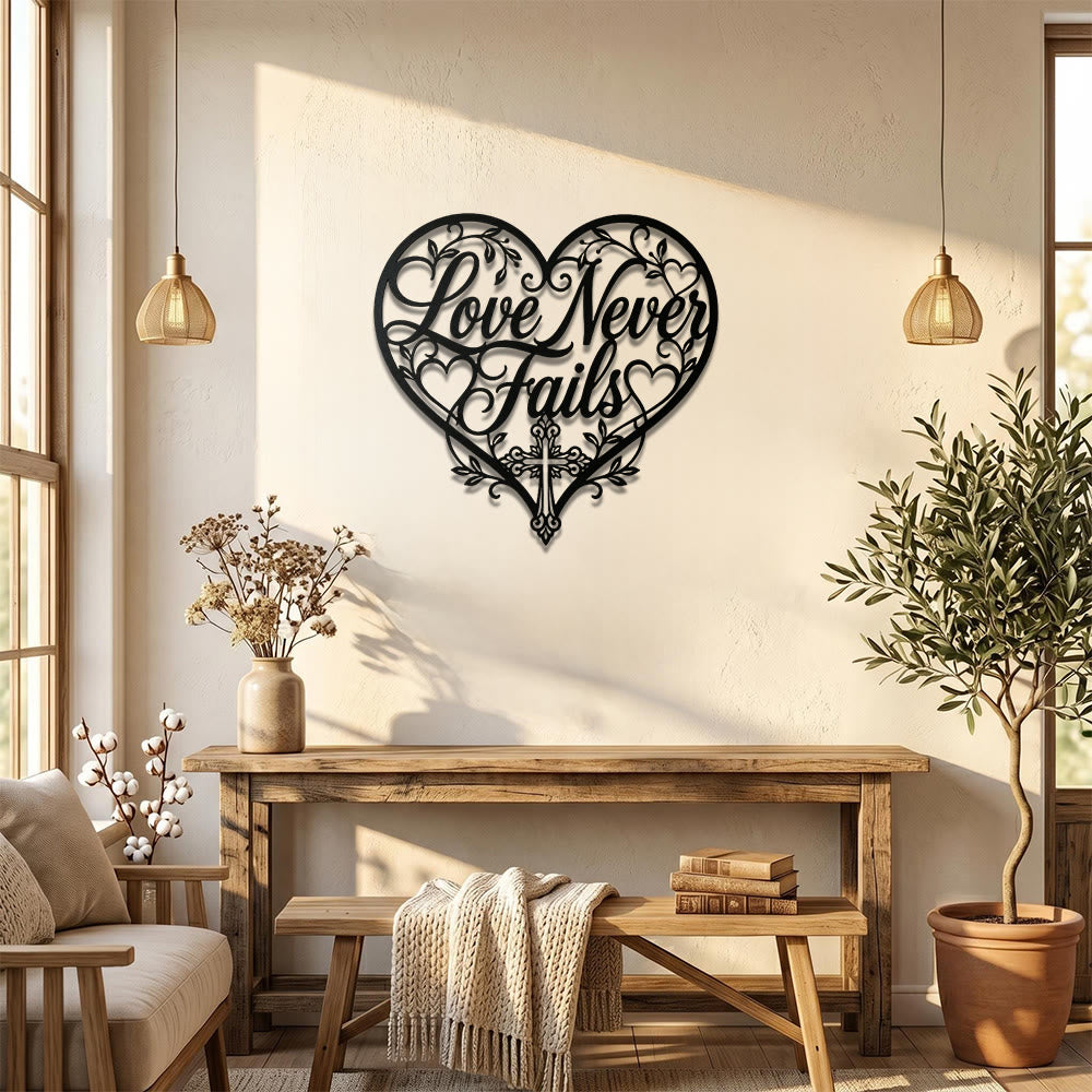 Christianartworkshop Floral Heart Cursive Love Never Fails Cross Metal Wall Decor: Timeless Emblem of Sacred Redemptive Grace - image 0