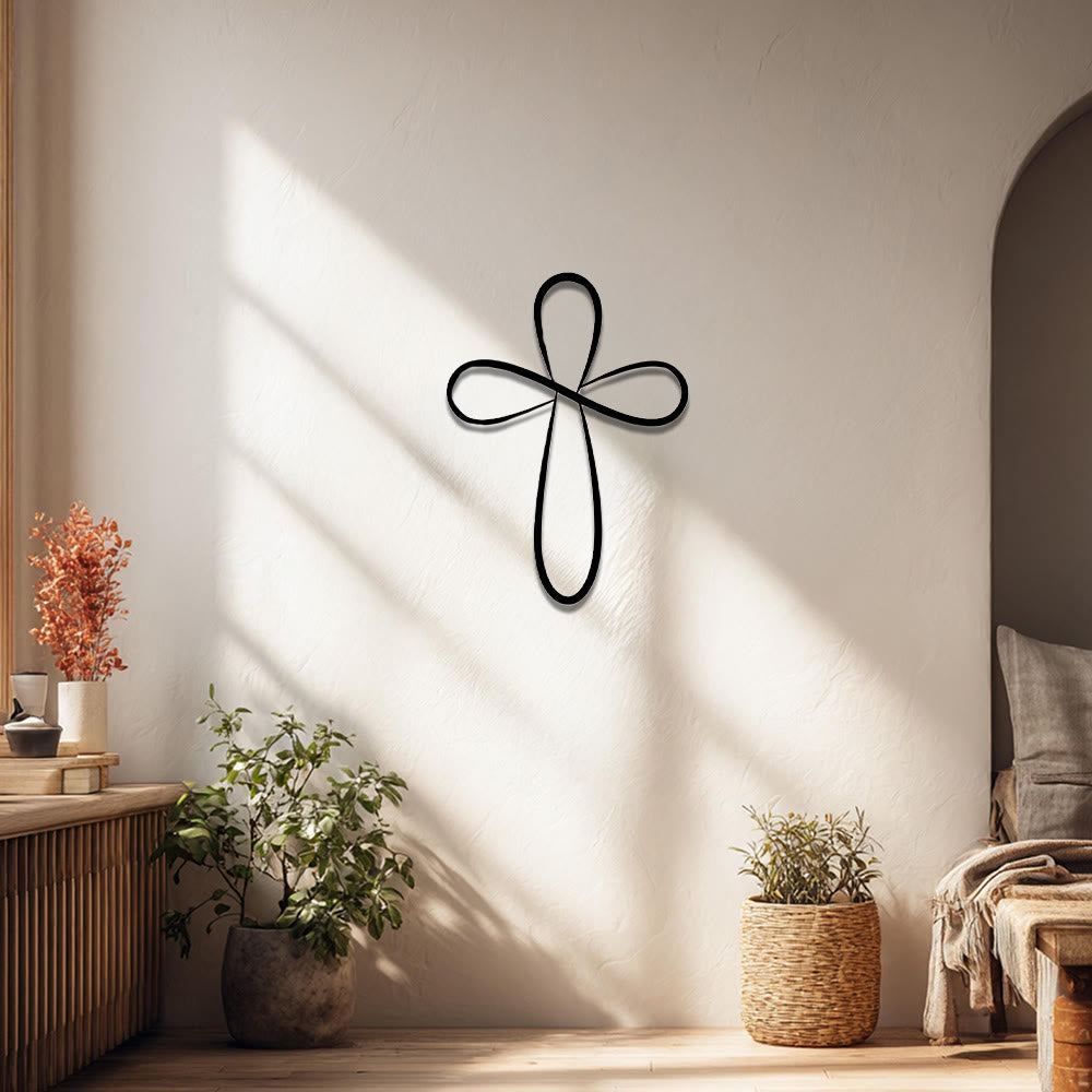 Christianartworkshop Minimalist Infinity Loop Single Line Cross Metal Wall Decor: Timeless Emblem of Sacred Redemptive Grace - image 0