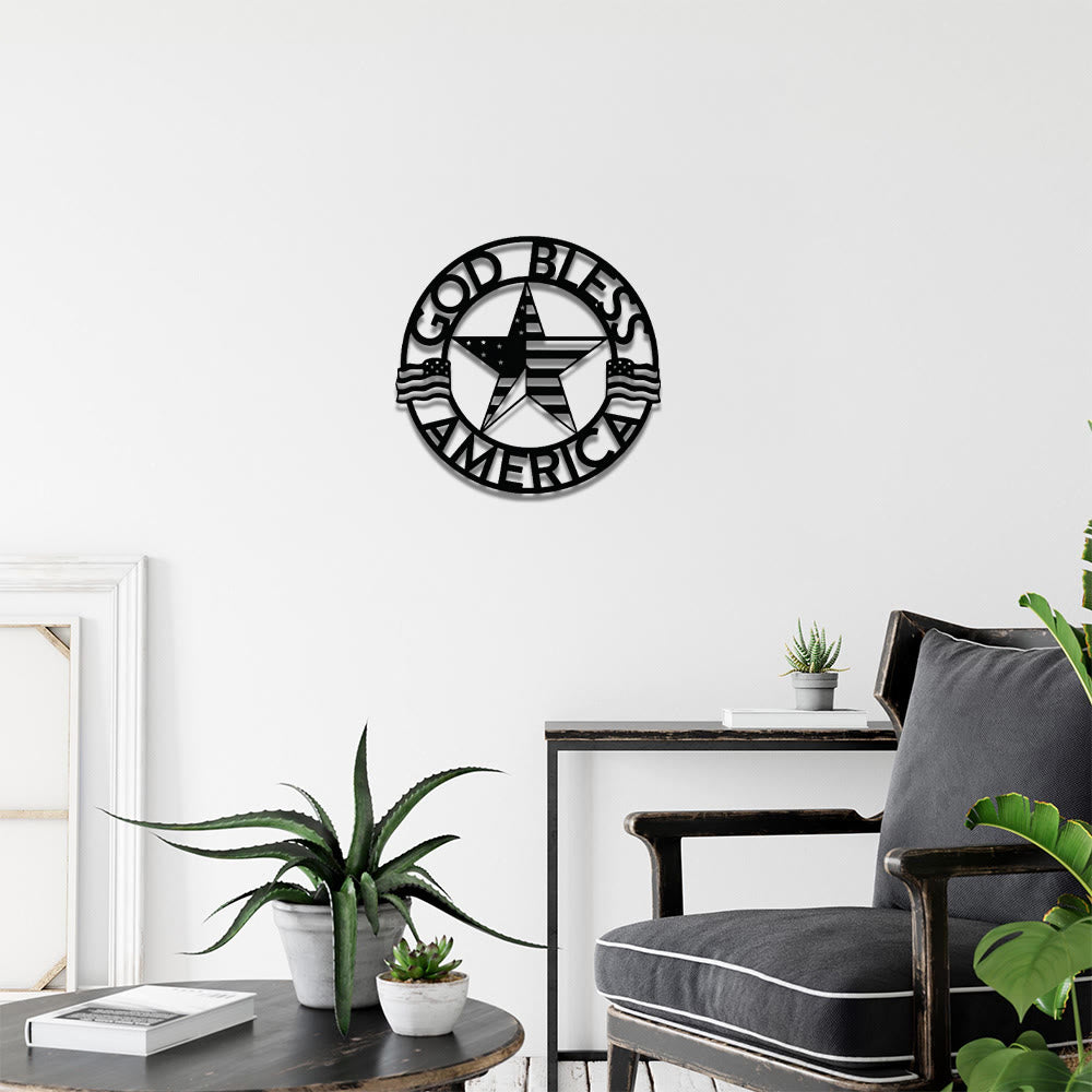 Christianartworkshop Round Ring God Bless USA Star Flag Metal Wall Decor: Timeless Emblem of Sacred Redemptive Grace - image 0