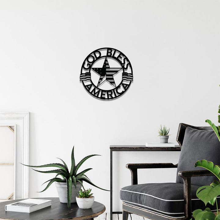 Christianartworkshop Round Ring God Bless USA Star Flag Metal Wall Decor: Timeless Emblem of Sacred Redemptive Grace - image 0