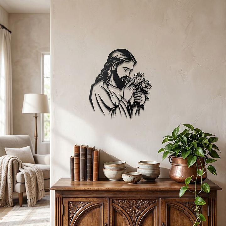 Christianartworkshop Jesus Holding Rose Metal Wall Decor: Timeless Emblem of Sacred Redemptive Grace - image 3