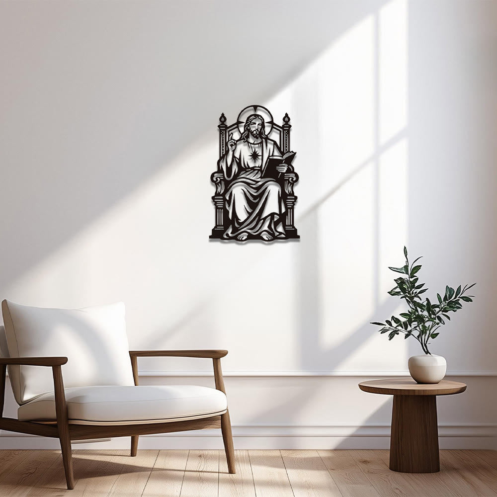 Christianartworkshop Throne Seated Sacred Heart Jesus Holding Scripture Metal Wall Decor: Timeless Emblem of Sacred Redemptive Grace - image 1