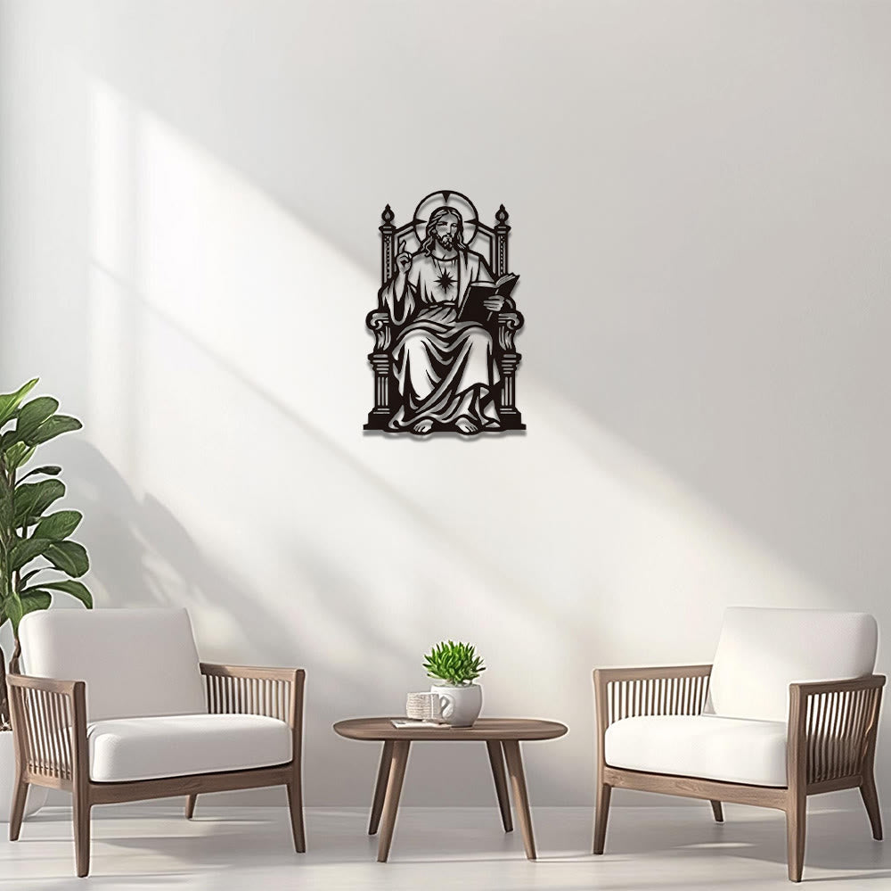 Christianartworkshop Throne Seated Sacred Heart Jesus Holding Scripture Metal Wall Decor: Timeless Emblem of Sacred Redemptive Grace - image 0
