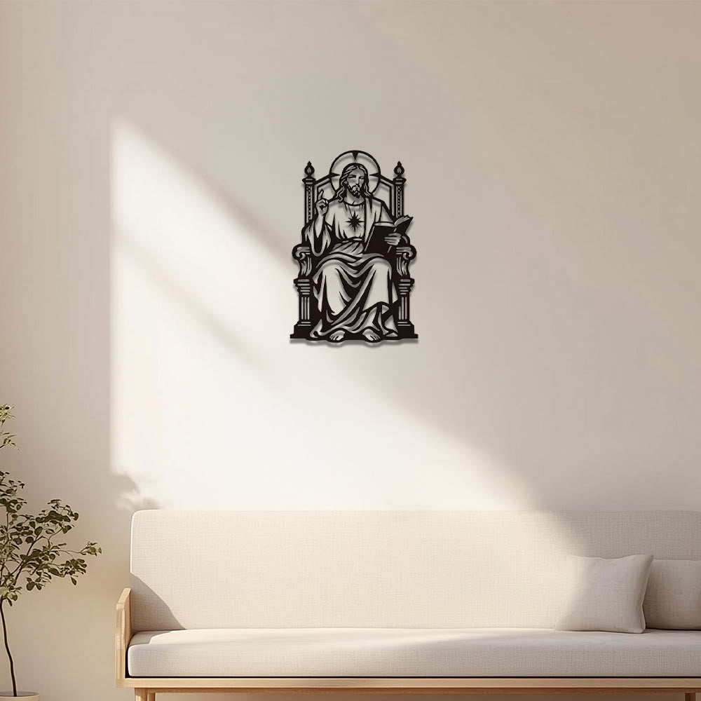 Christianartworkshop Throne Seated Sacred Heart Jesus Holding Scripture Metal Wall Decor: Timeless Emblem of Sacred Redemptive Grace - image 2