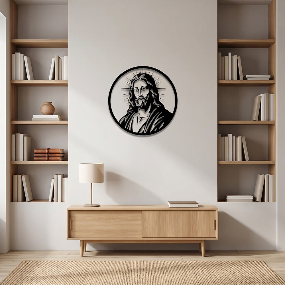 Christianartworkshop Circular Border Radiant Halo Jesus Portrait Metal Wall Decor: Timeless Emblem of Sacred Redemptive Grace - image 1
