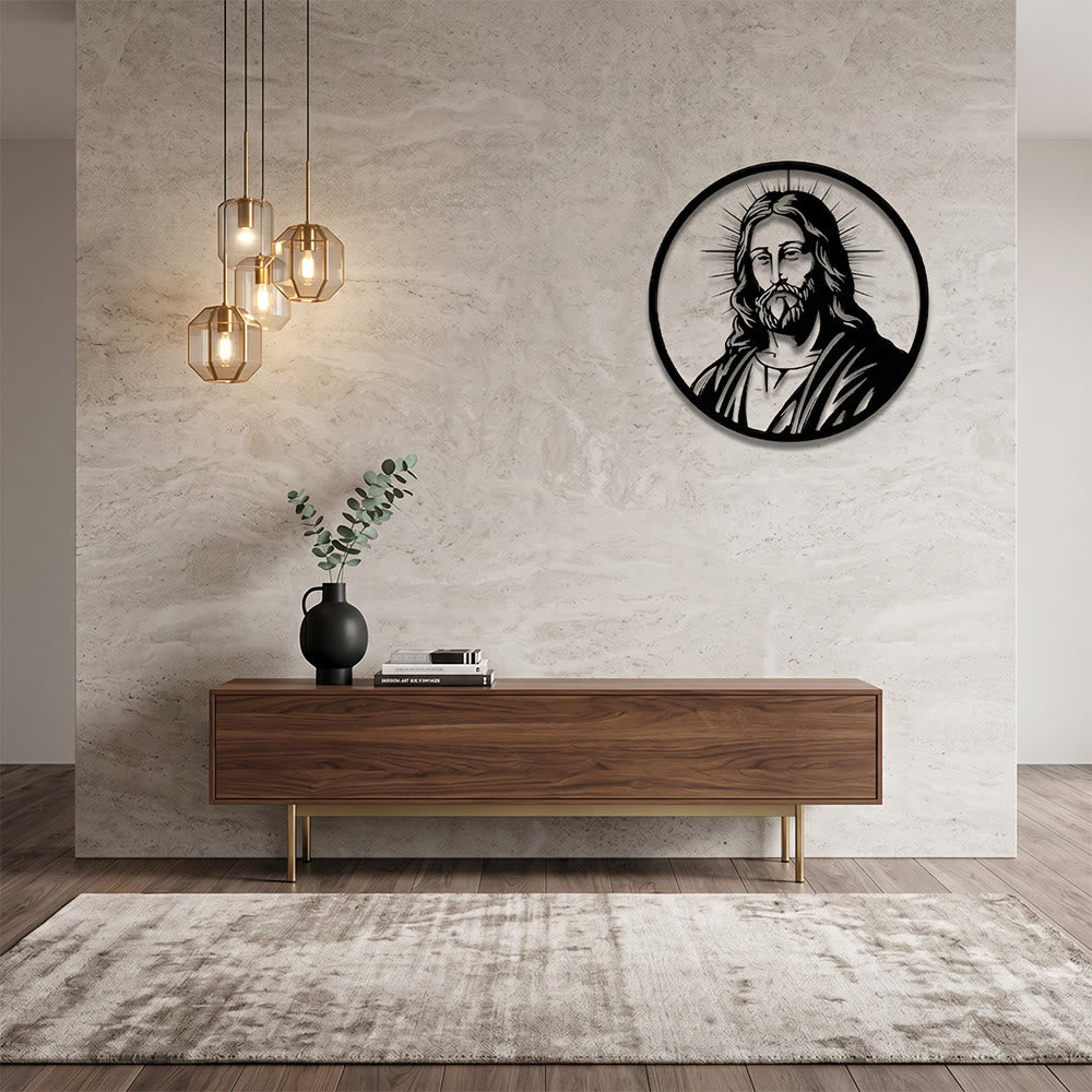 Christianartworkshop Circular Border Radiant Halo Jesus Portrait Metal Wall Decor: Timeless Emblem of Sacred Redemptive Grace - image 3